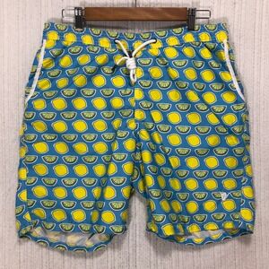 Beach Bros Swim Trunks Blue Citrus Lemon Lime Print Drawstring‎ Pockets Size L